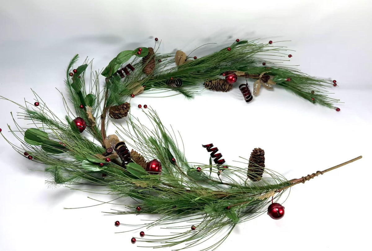 Christmas Pine Garland: 60" Bells, Berries & Burlap Flowers