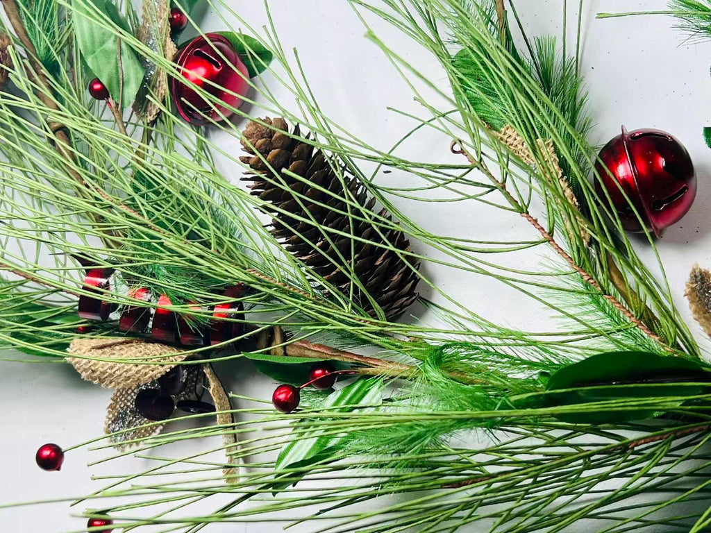 Christmas Pine Garland: 60" Bells, Berries & Burlap Flowers
