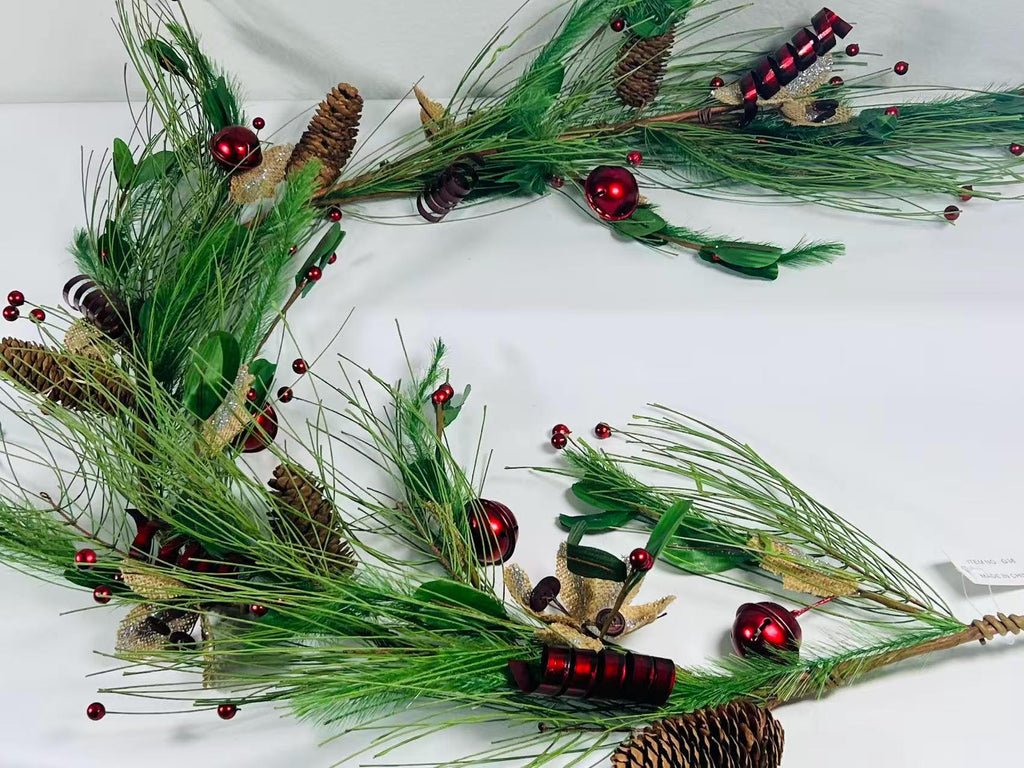 Christmas Pine Garland: 60" Bells, Berries & Burlap Flowers