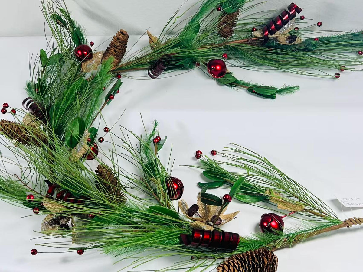 Christmas Pine Garland: 60" Bells, Berries & Burlap Flowers