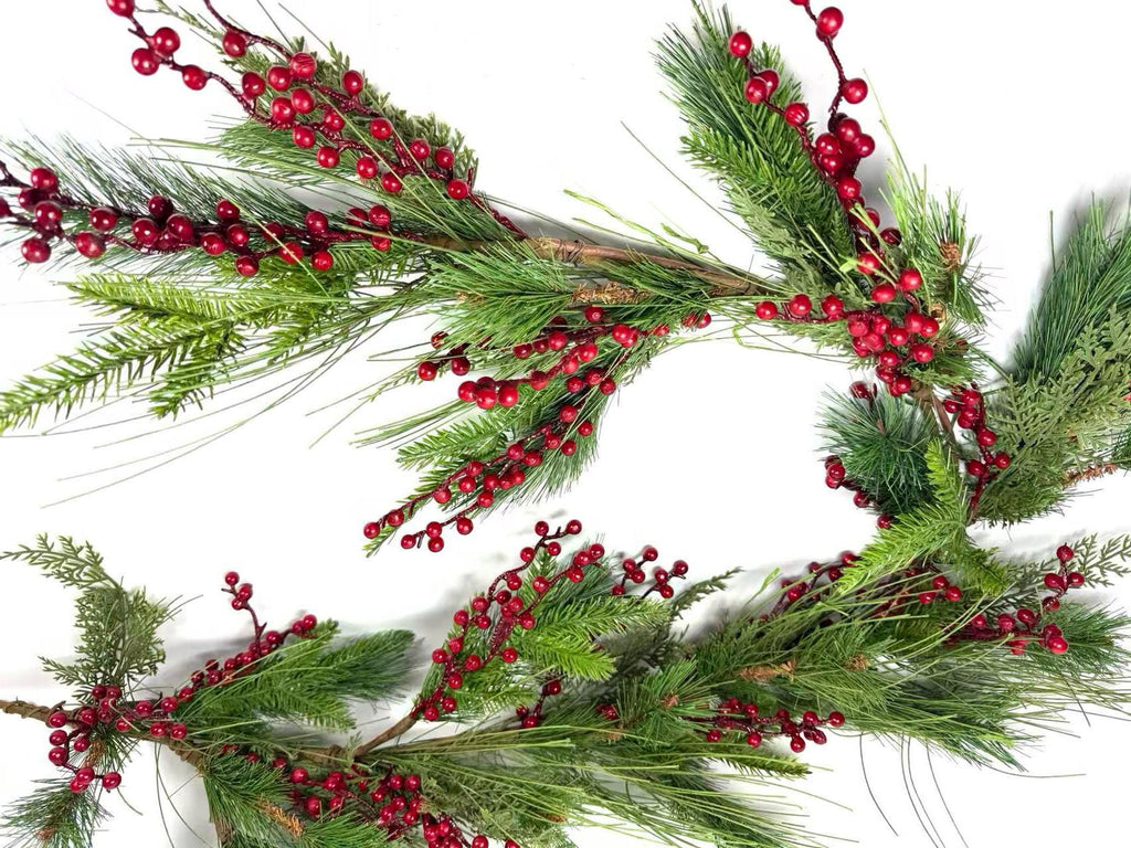 60 Inch Christmas Garland with Red Berries and Pine Greenery, Winter Holiday Mantel Decor