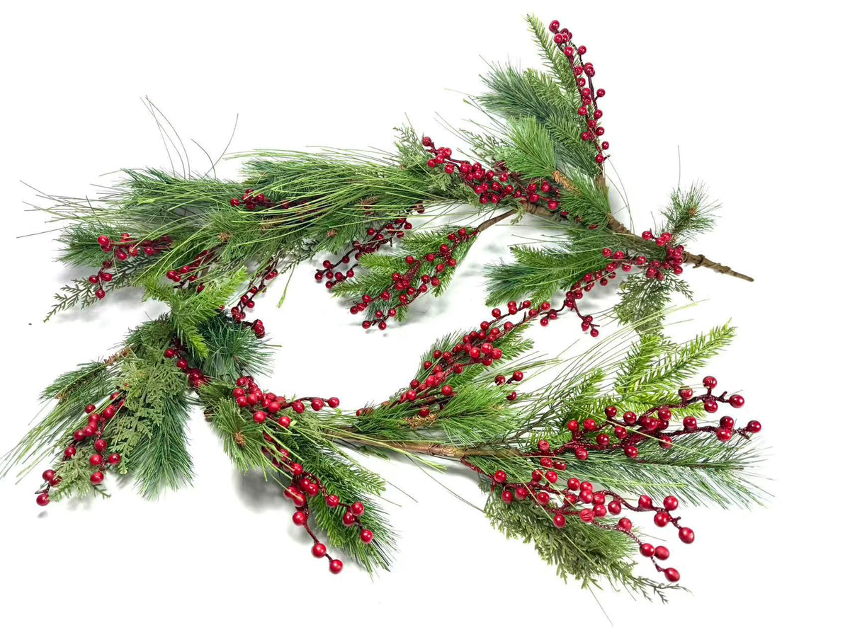 60 Inch Christmas Garland with Red Berries and Pine Greenery, Winter Holiday Mantel Decor