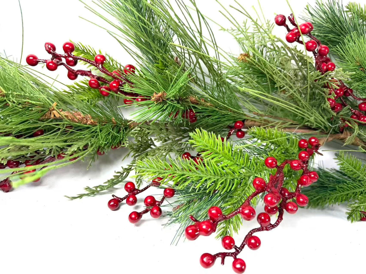 60 Inch Christmas Garland with Red Berries and Pine Greenery, Winter Holiday Mantel Decor
