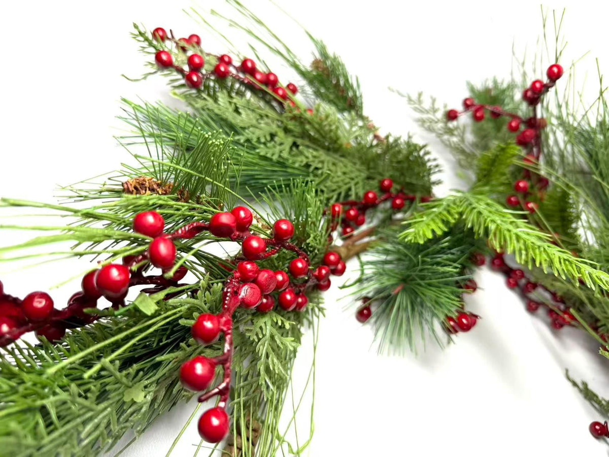 60 Inch Christmas Garland with Red Berries and Pine Greenery, Winter Holiday Mantel Decor