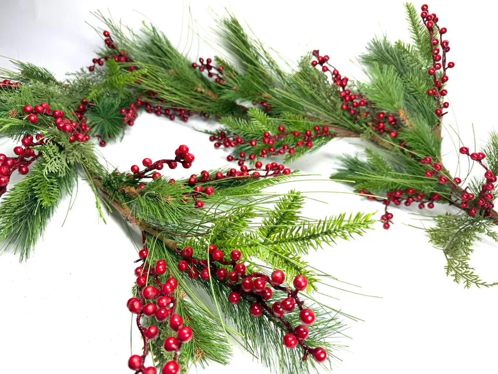 60 Inch Christmas Garland with Red Berries and Pine Greenery, Winter Holiday Mantel Decor