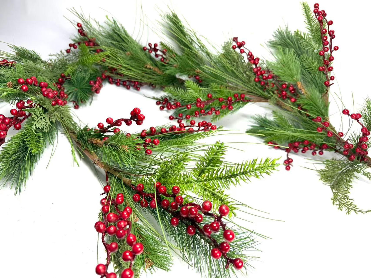 60 Inch Christmas Garland with Red Berries and Pine Greenery, Winter Holiday Mantel Decor