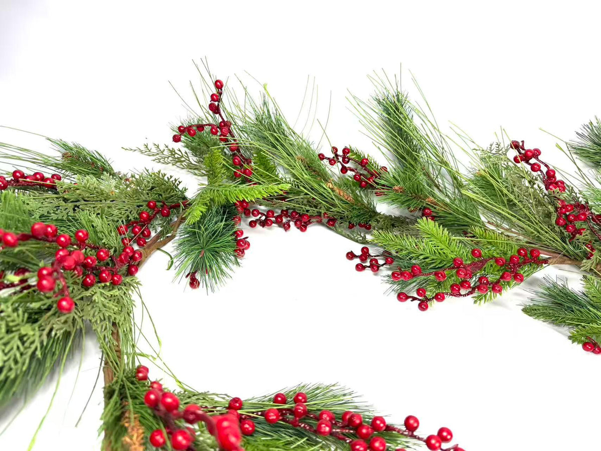 60 Inch Christmas Garland with Red Berries and Pine Greenery, Winter Holiday Mantel Decor
