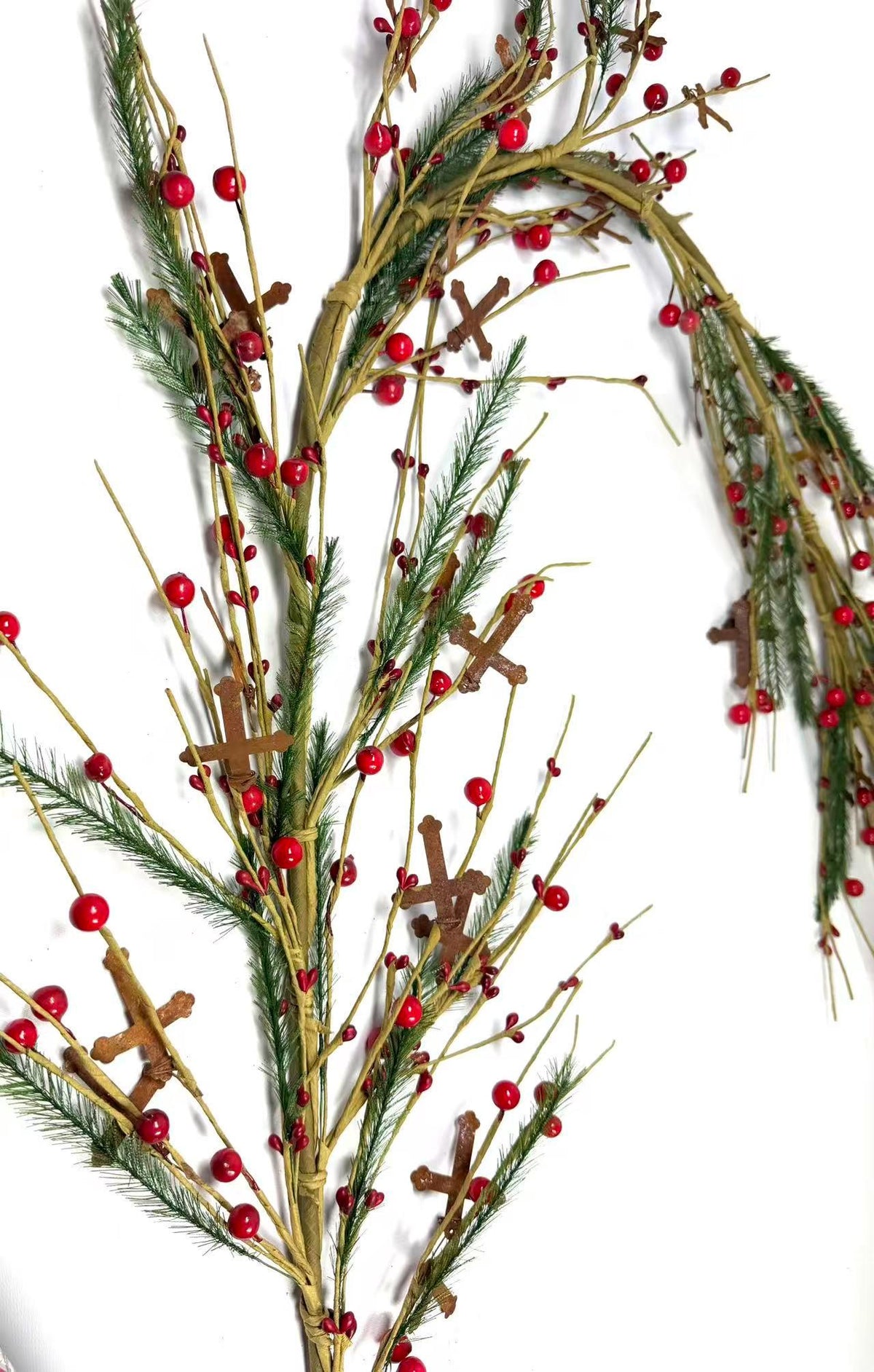 55 Inch Rustic Christmas Garland with Red Berries and Metal Crosses, Farmhouse Holiday Decor