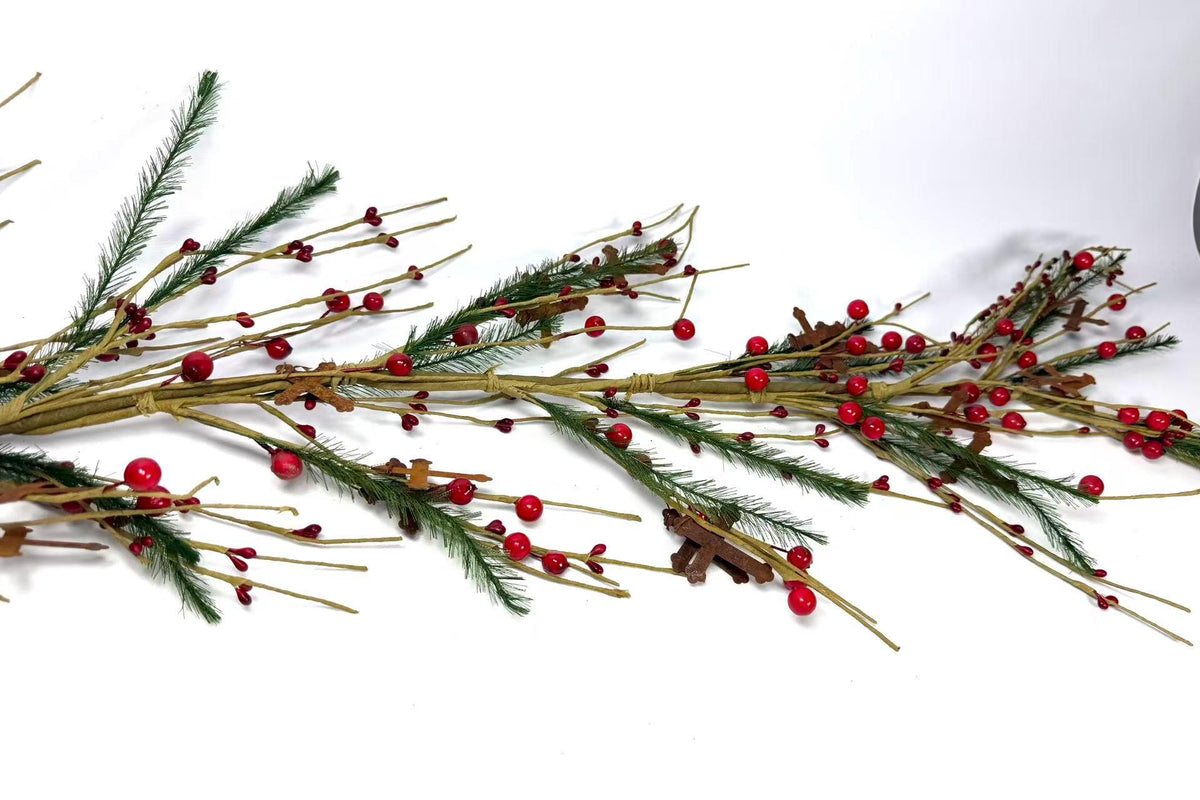 55 Inch Rustic Christmas Garland with Red Berries and Metal Crosses, Farmhouse Holiday Decor