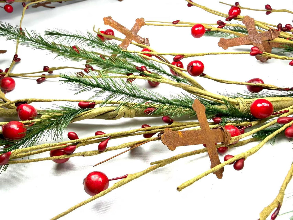 55 Inch Rustic Christmas Garland with Red Berries and Metal Crosses, Farmhouse Holiday Decor