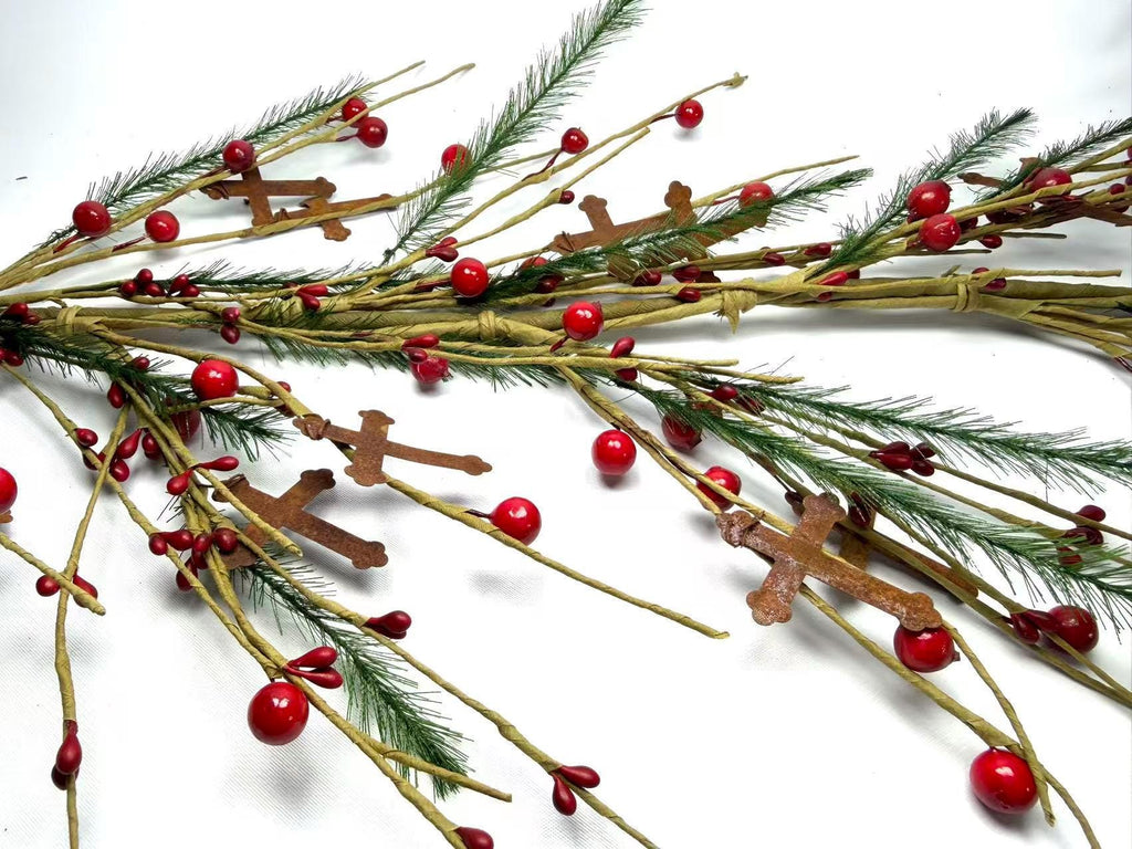 55 Inch Rustic Christmas Garland with Red Berries and Metal Crosses, Farmhouse Holiday Decor