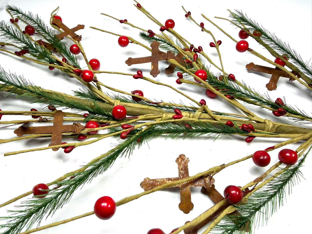 55 Inch Rustic Christmas Garland with Red Berries and Metal Crosses, Farmhouse Holiday Decor