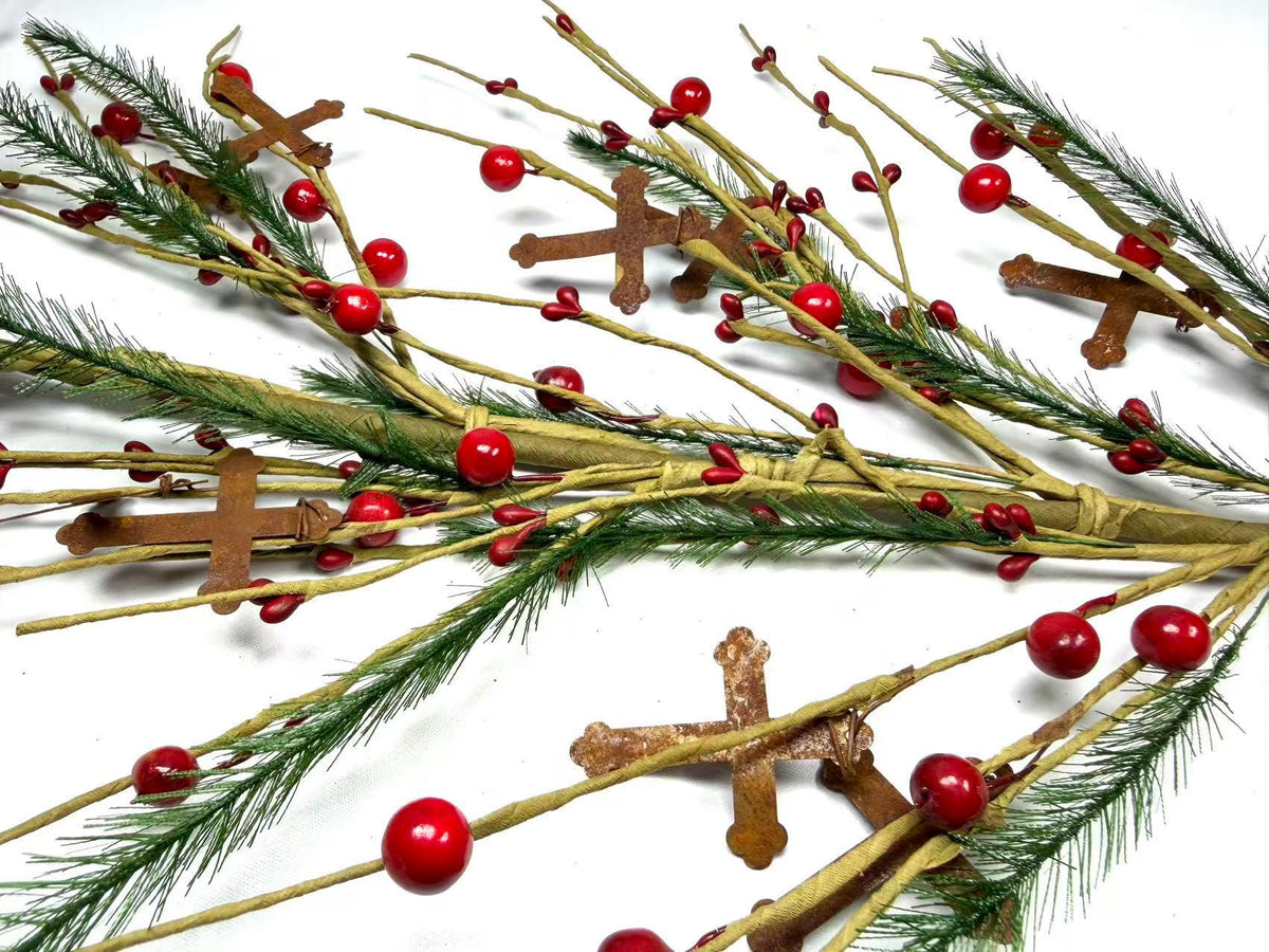 55 Inch Rustic Christmas Garland with Red Berries and Metal Crosses, Farmhouse Holiday Decor