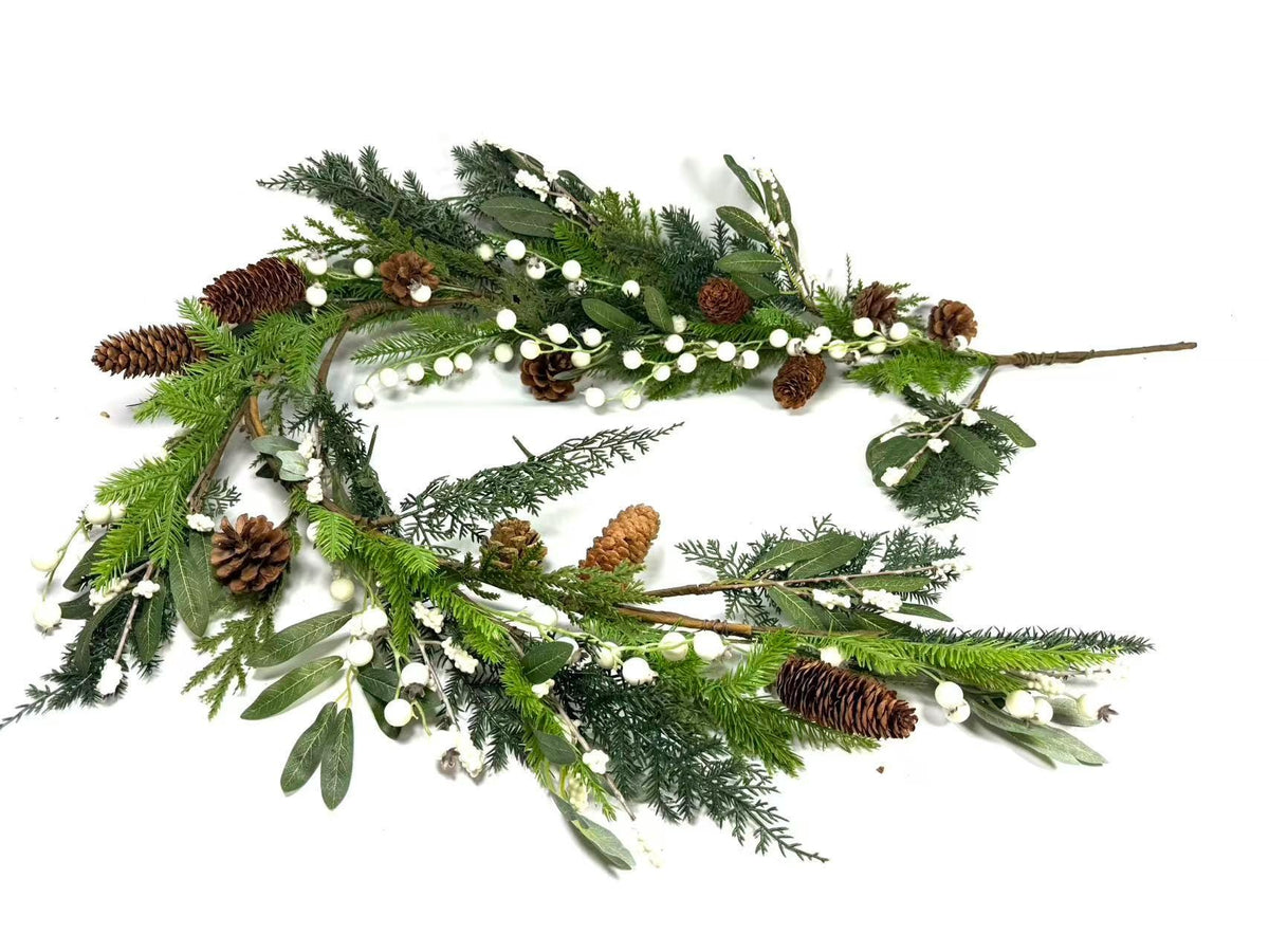60" Christmas Garland: Pinecones and White Berries Winter Greenery