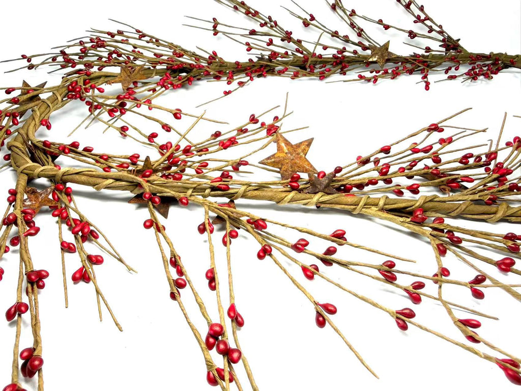 55" Red Pip Berry Garland with Rusty Stars, Farmhouse Country Christmas Mantel Decor