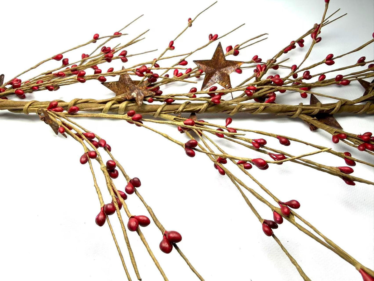 55" Red Pip Berry Garland with Rusty Stars, Farmhouse Country Christmas Mantel Decor