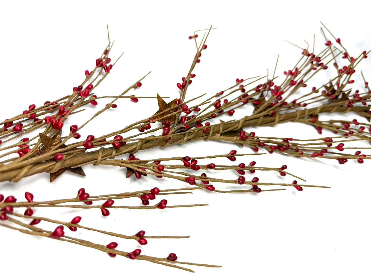 55" Red Pip Berry Garland with Rusty Stars, Farmhouse Country Christmas Mantel Decor