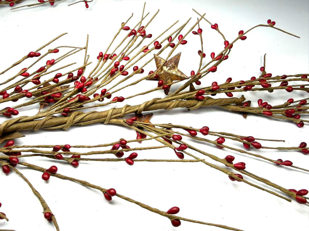 55" Red Pip Berry Garland with Rusty Stars, Farmhouse Country Christmas Mantel Decor
