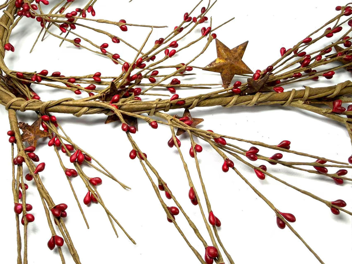 55" Red Pip Berry Garland with Rusty Stars, Farmhouse Country Christmas Mantel Decor