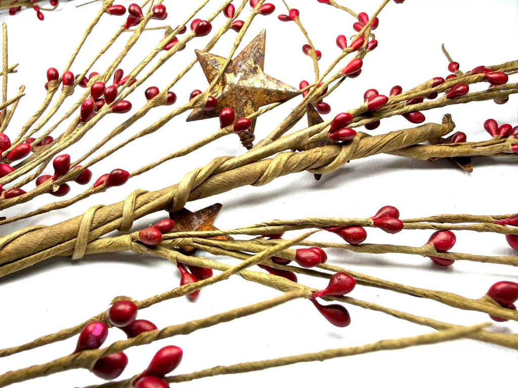 55" Red Pip Berry Garland with Rusty Stars, Farmhouse Country Christmas Mantel Decor