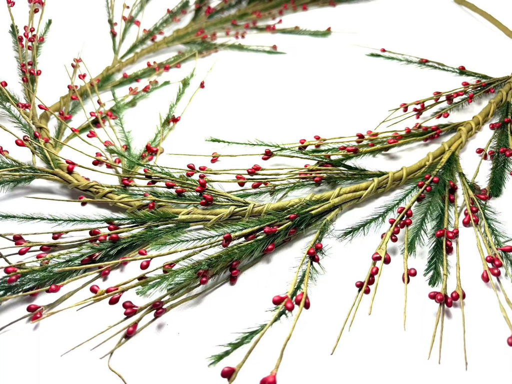 55" Red Berry & Pine Garland, Rustic Farmhouse Christmas Mantel Decor, Winter Greenery