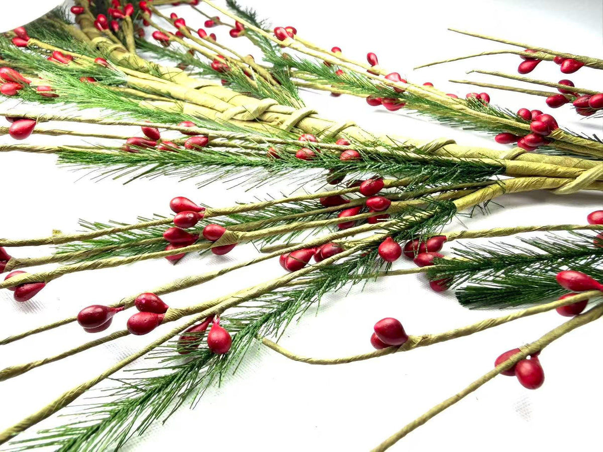 55" Red Berry & Pine Garland, Rustic Farmhouse Christmas Mantel Decor, Winter Greenery