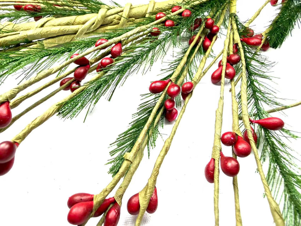 55" Red Berry & Pine Garland, Rustic Farmhouse Christmas Mantel Decor, Winter Greenery