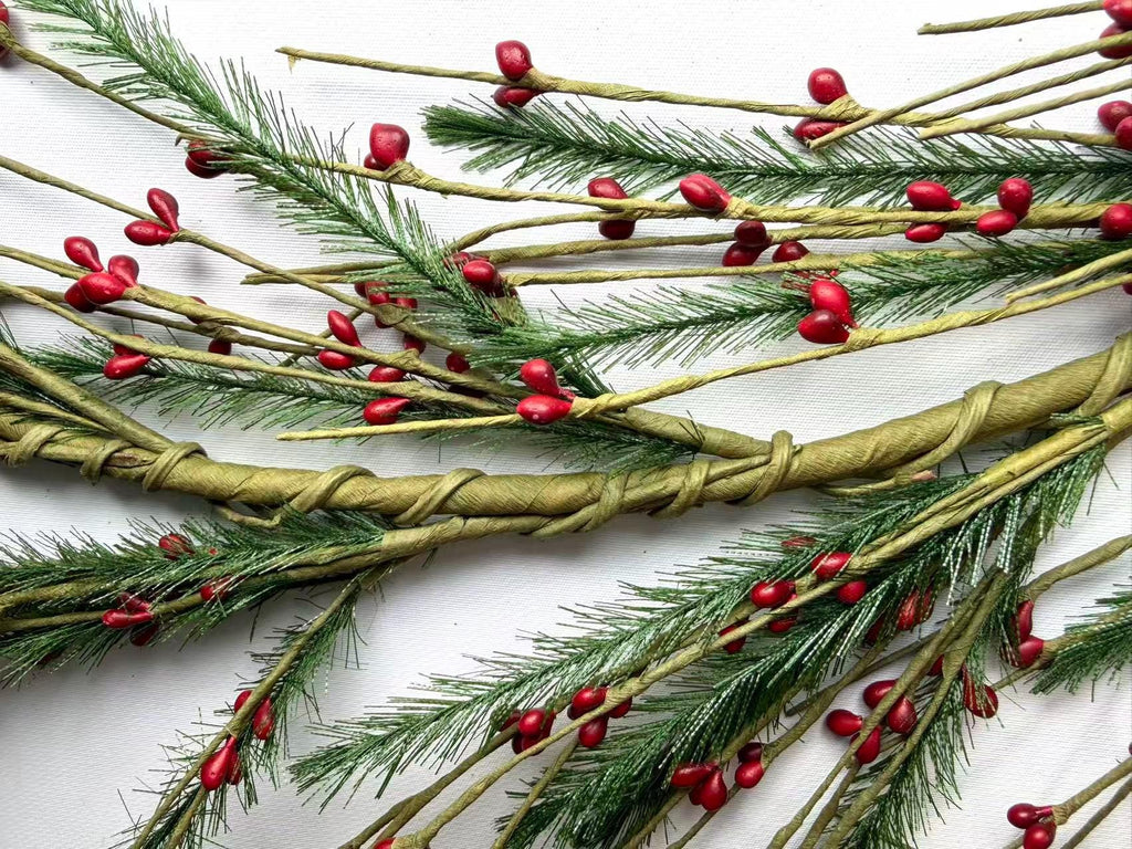 55" Red Berry & Pine Garland, Rustic Farmhouse Christmas Mantel Decor, Winter Greenery
