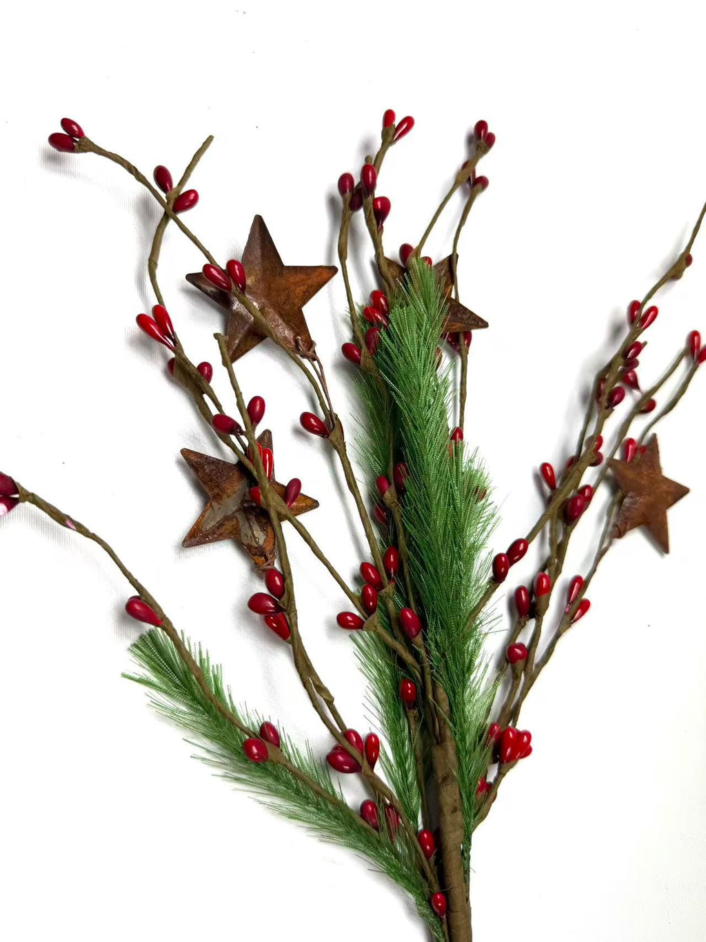 Rustic Christmas Berry Pick with Rusty Stars & Pine | 14” Holiday Farmhouse Floral Stem