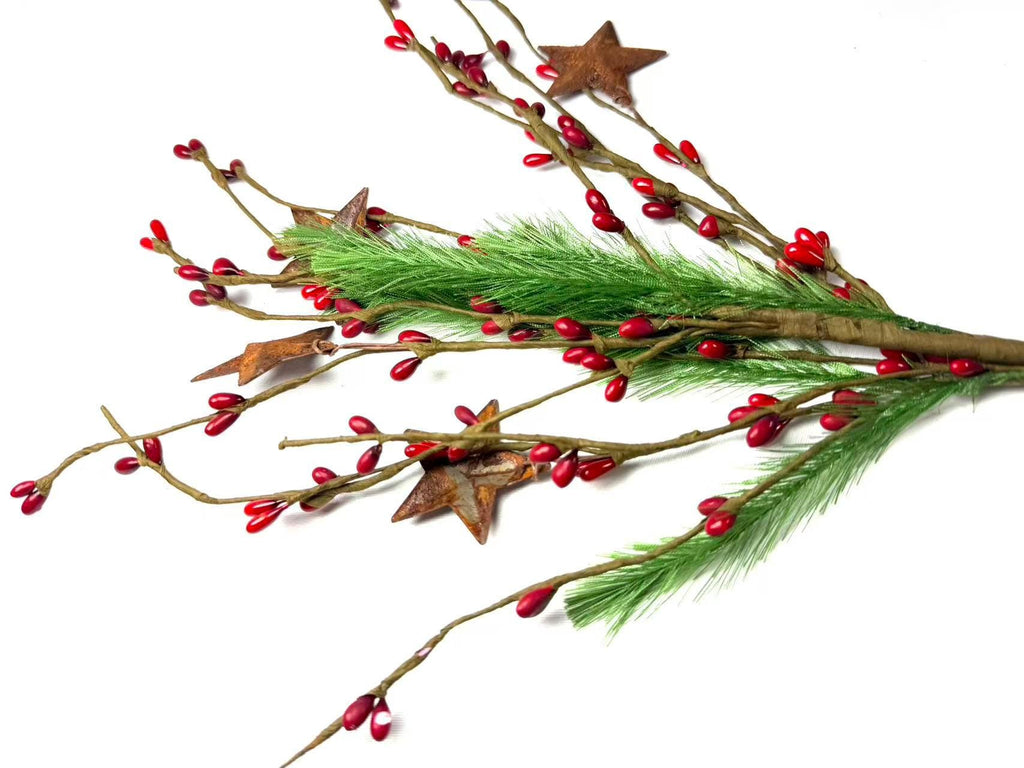 Rustic Christmas Berry Pick with Rusty Stars & Pine | 14” Holiday Farmhouse Floral Stem