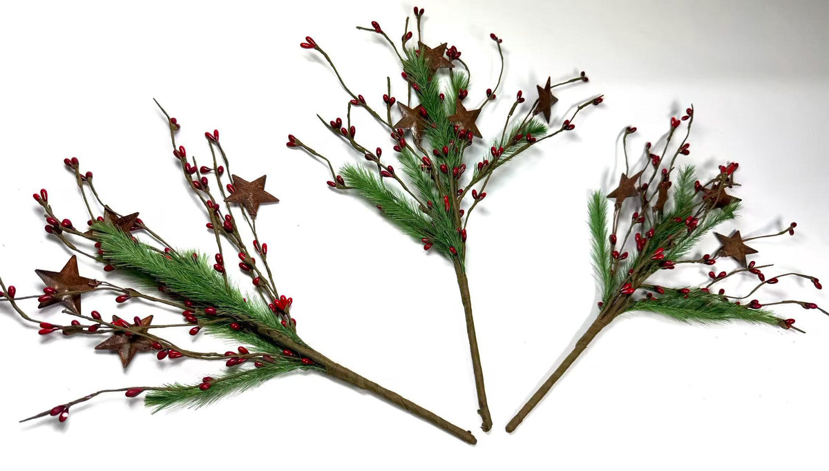 Rustic Christmas Berry Pick with Rusty Stars & Pine | 14” Holiday Farmhouse Floral Stem
