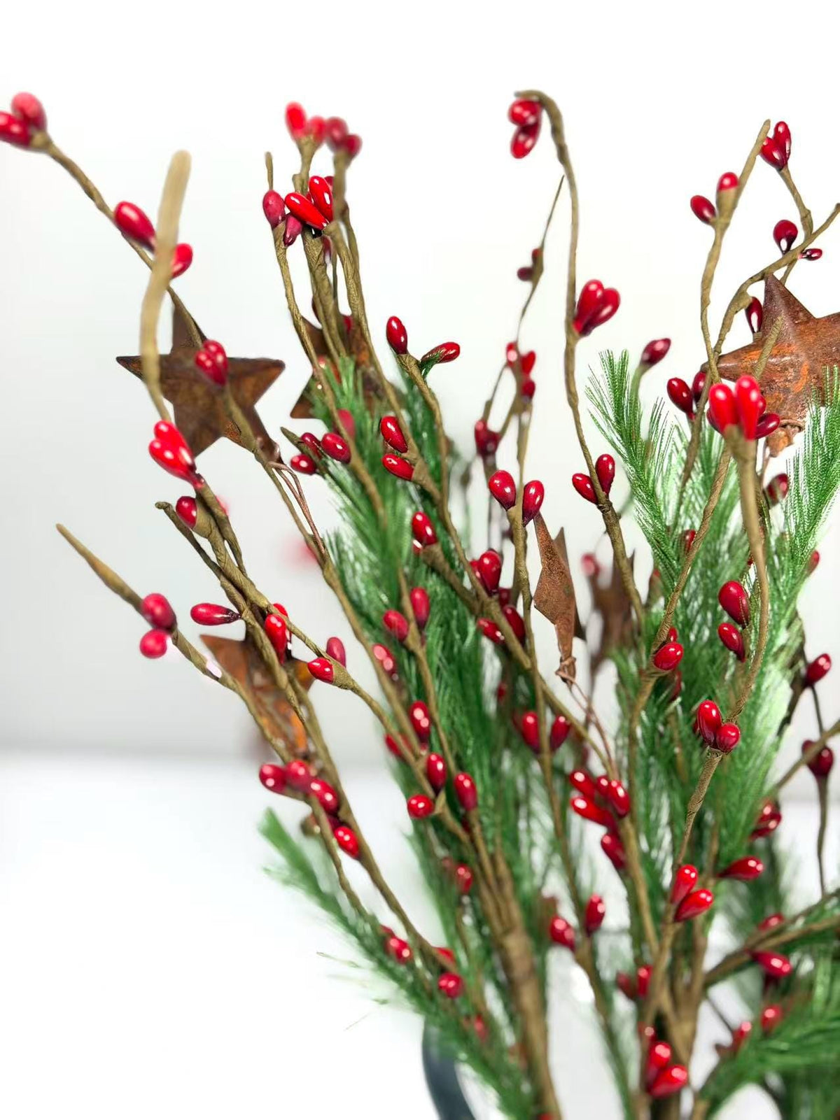 Rustic Christmas Berry Pick with Rusty Stars & Pine | 14” Holiday Farmhouse Floral Stem