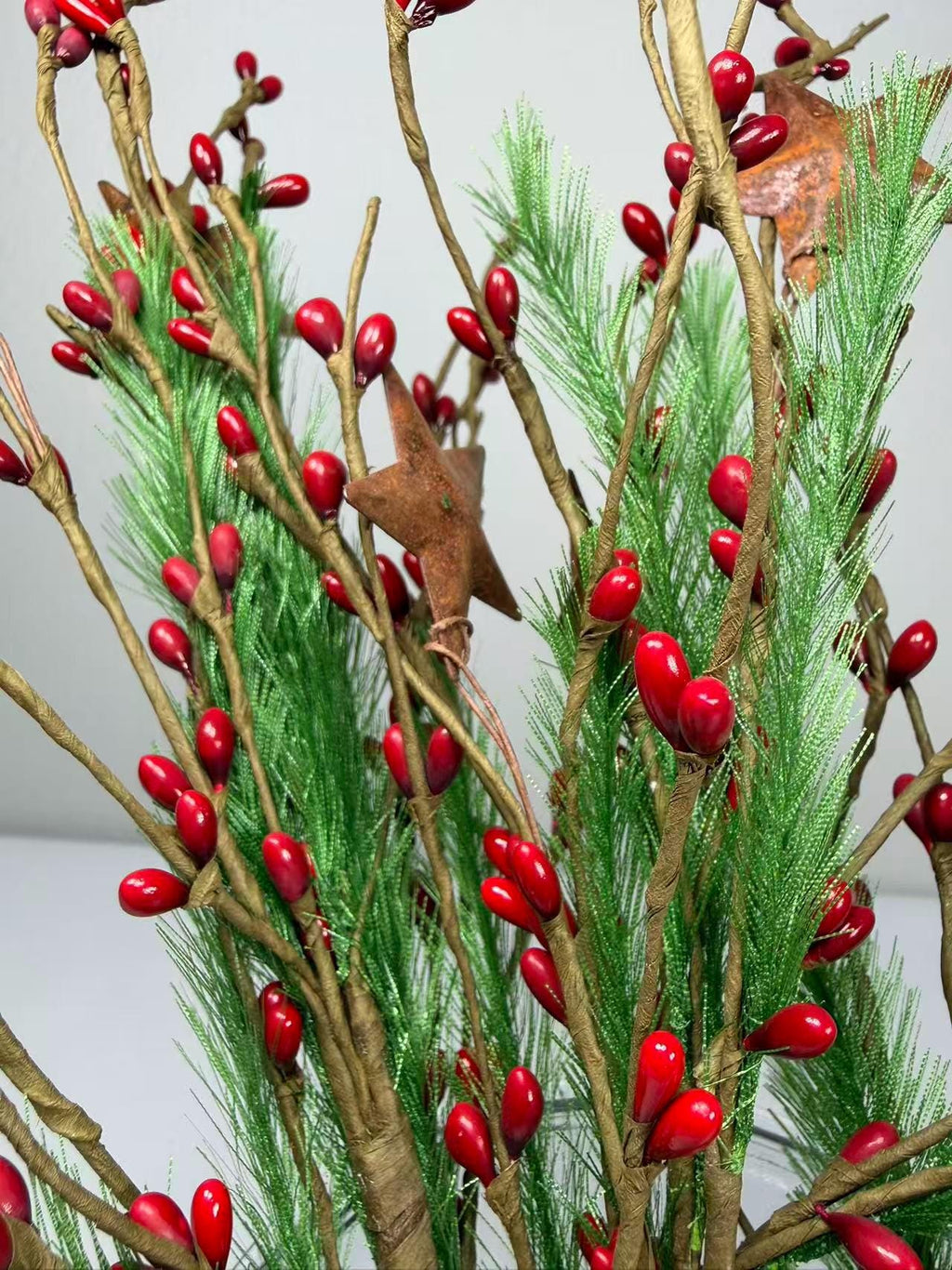 Rustic Christmas Berry Pick with Rusty Stars & Pine | 14” Holiday Farmhouse Floral Stem