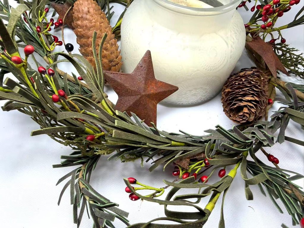 Rustic Pinecone Candle Ring with Rusty Stars and Red Berries | 6.5” Winter Christmas Wreath