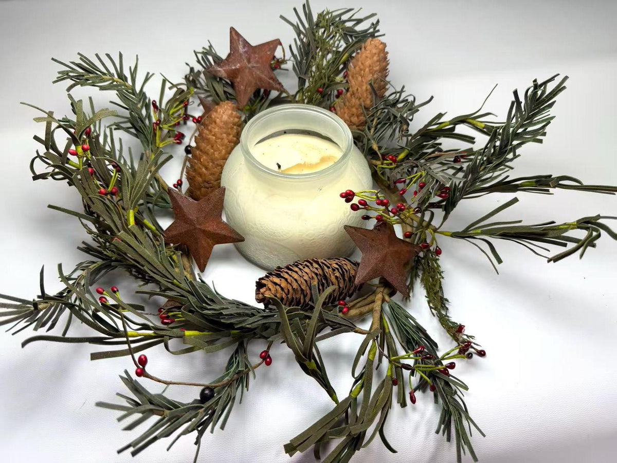 Rustic Pinecone Candle Ring with Rusty Stars and Red Berries | 6.5” Winter Christmas Wreath