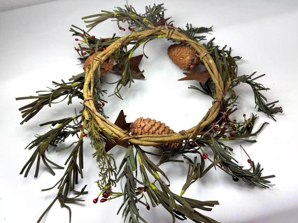 Rustic Pinecone Candle Ring with Rusty Stars and Red Berries | 6.5” Winter Christmas Wreath