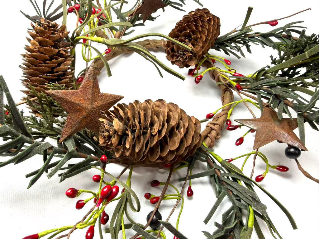 Rustic Pinecone Candle Ring with Rusty Stars and Red Berries | 4.5” Winter Christmas Wreath