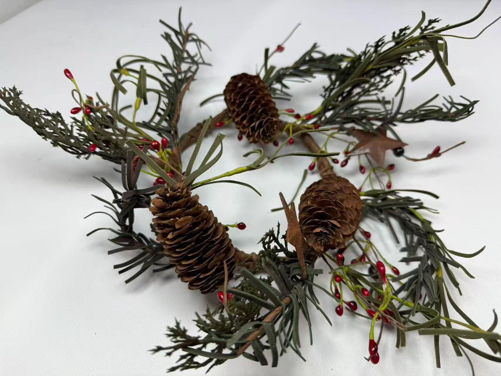 Rustic Pinecone Candle Ring with Rusty Stars and Red Berries | 4.5” Winter Christmas Wreath
