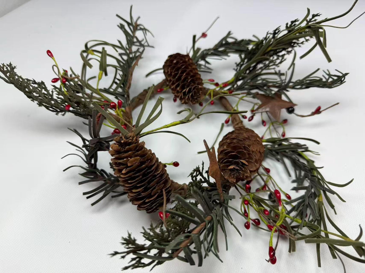 Rustic Pinecone Candle Ring with Rusty Stars and Red Berries | 4.5” Winter Christmas Wreath