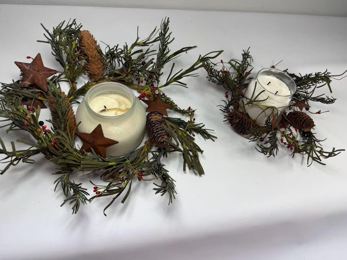 Rustic Pinecone Candle Ring with Rusty Stars and Red Berries | 4.5” Winter Christmas Wreath