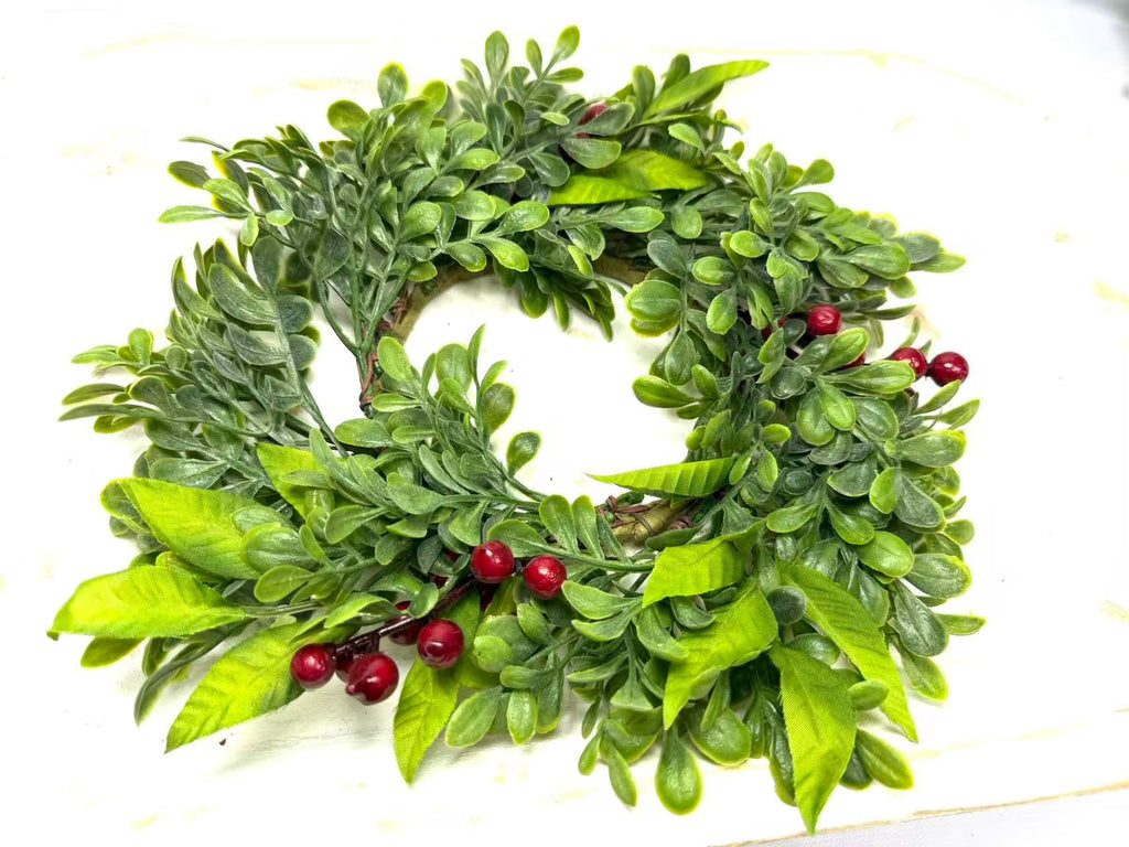 Mini Green Wreath 4.5” Candle Ring Tray Decor Boxwood Faux Spring Farmhouse Greenery Wreath