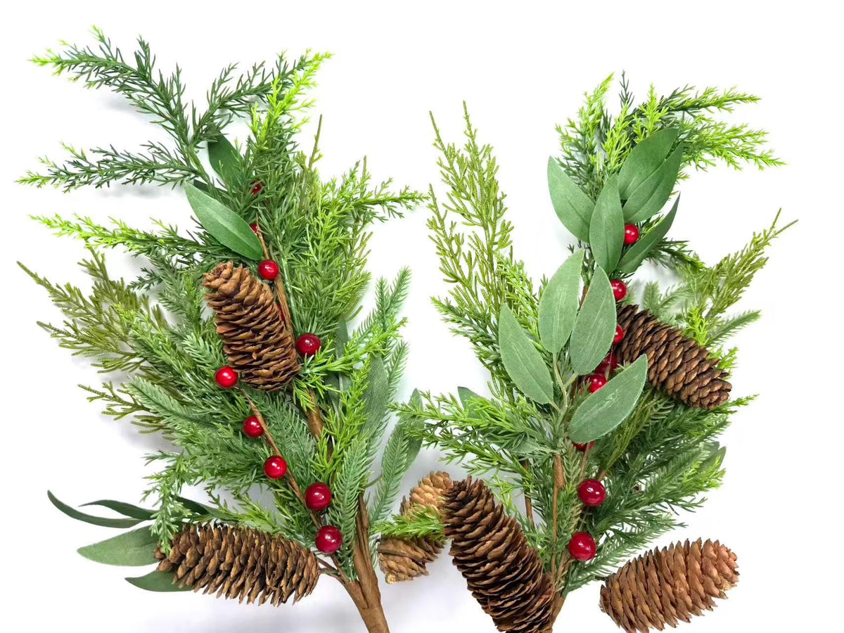 22" Real Touch Christmas Cedar Pine Pick with Red Berries and Pinecones