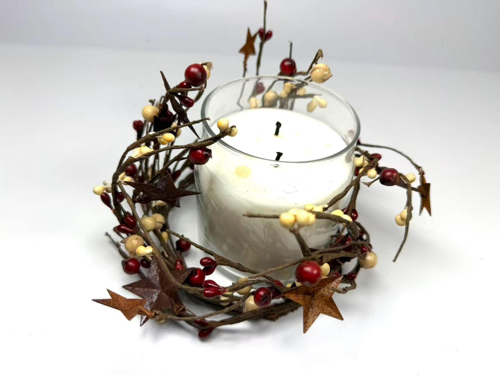 Pip Berry Candle Ring with Rusty Stars, Country Farmhouse Decor (4.5 inch)