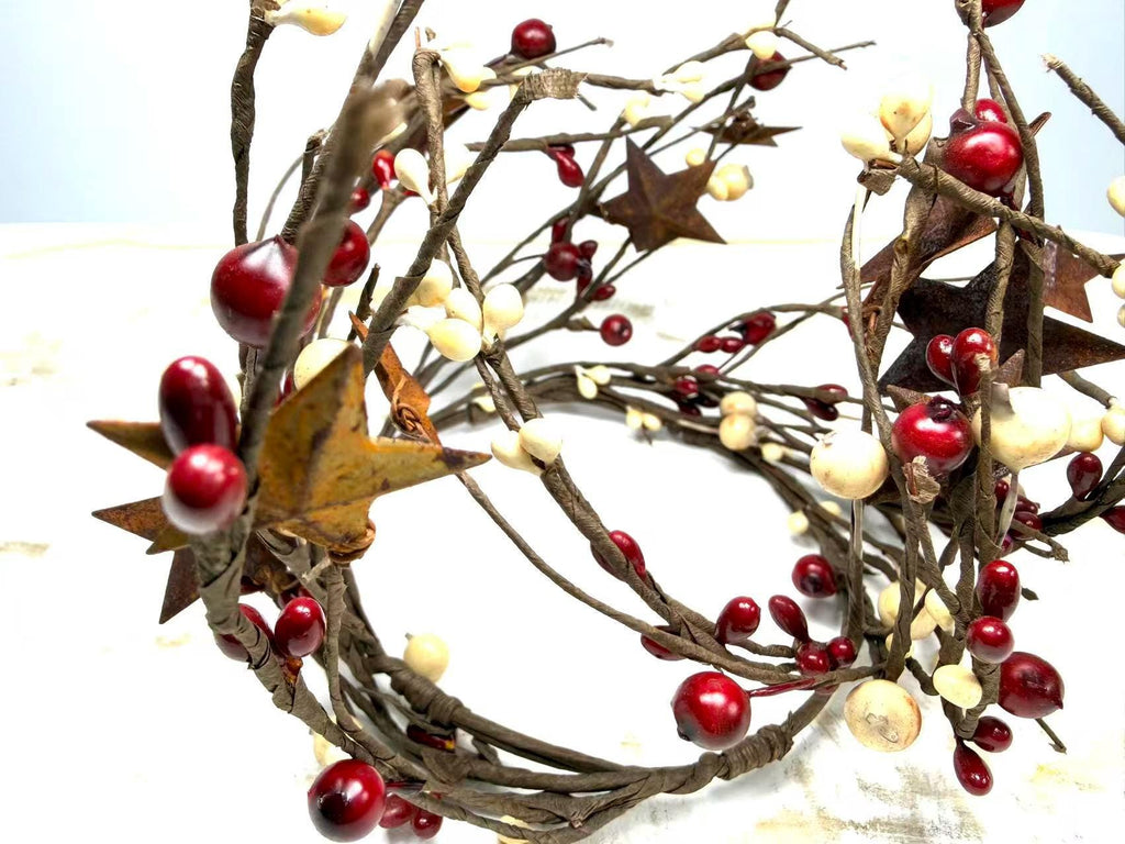 Pip Berry Candle Ring with Rusty Stars, Country Farmhouse Decor (4.5 inch)