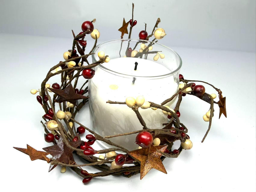 Pip Berry Candle Ring with Rusty Stars, Country Farmhouse Decor (4.5 inch)