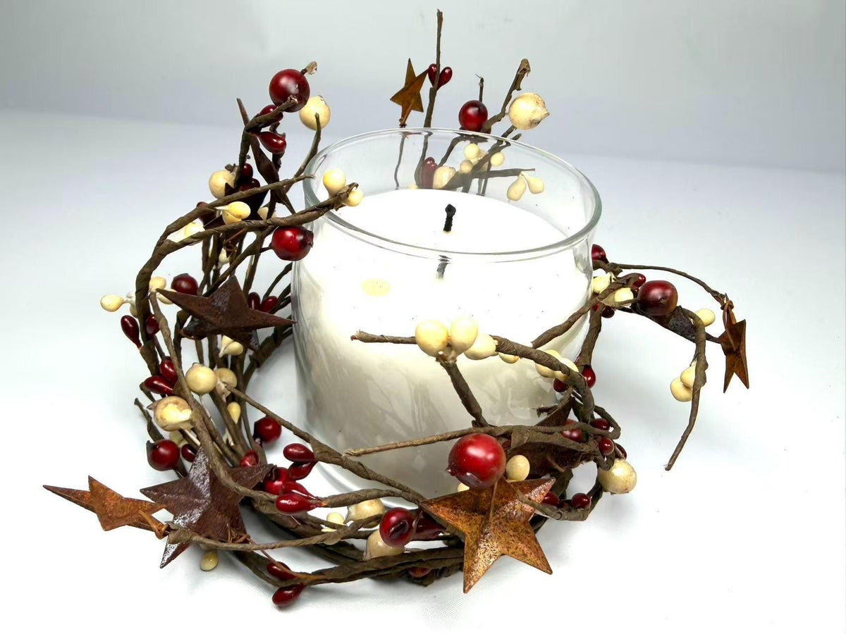 Pip Berry Candle Ring with Rusty Stars, Country Farmhouse Decor (4.5 inch)