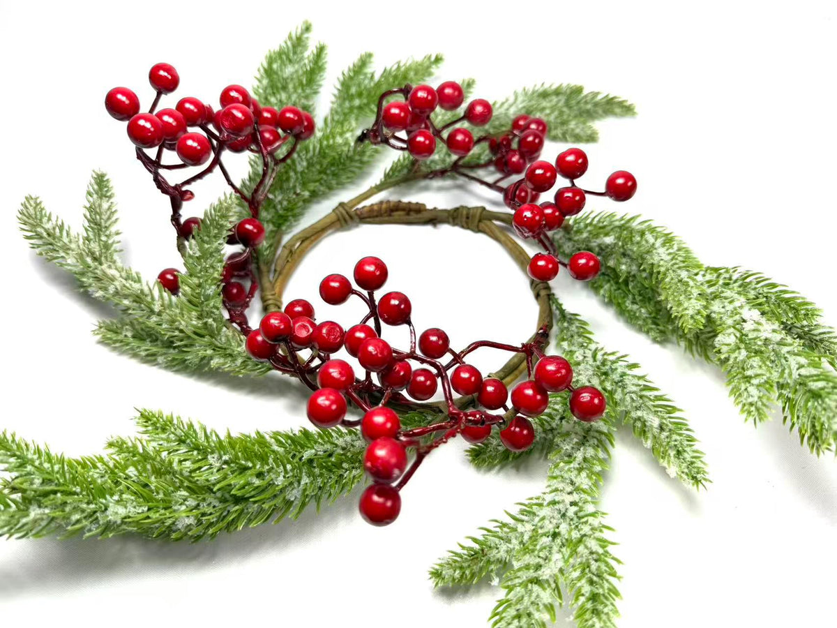 Frosted Cedar and Red Berry Candle Ring, Christmas Table Centerpiece
