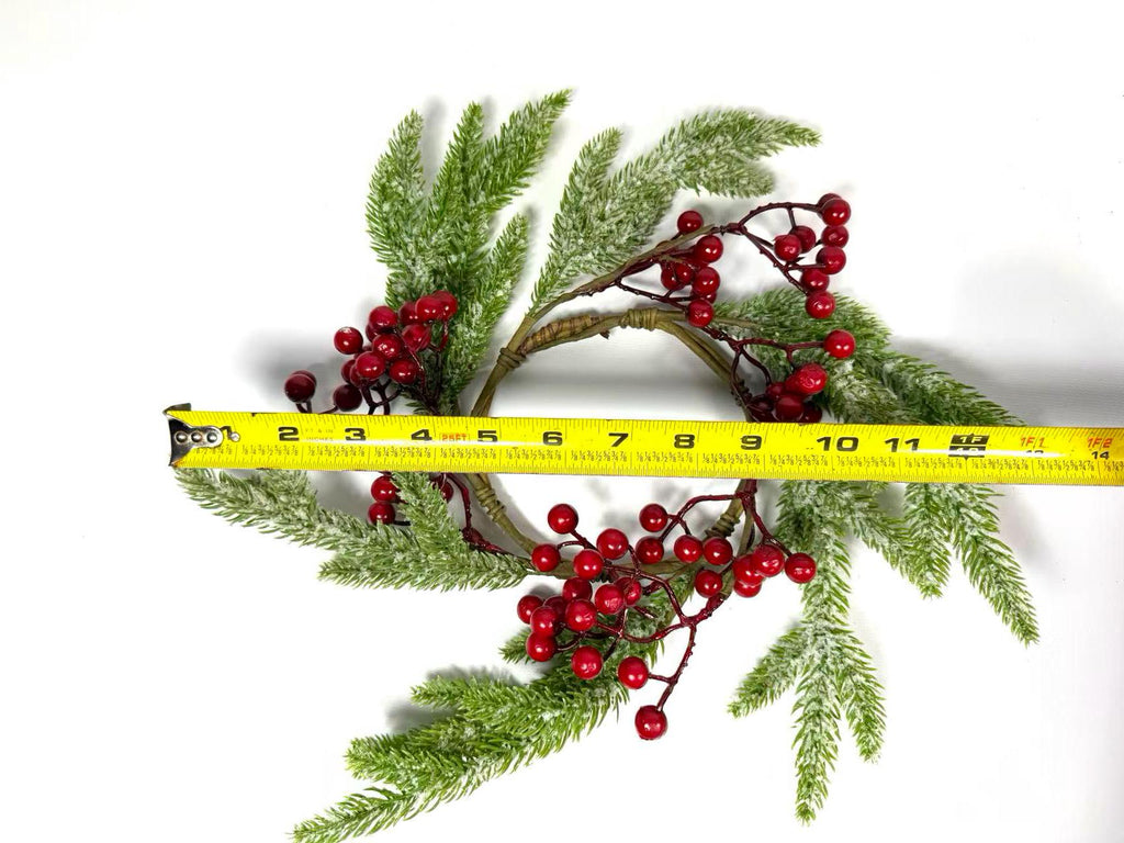 Frosted Cedar and Red Berry Candle Ring, Christmas Table Centerpiece