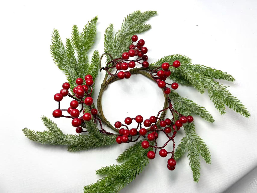 Frosted Cedar and Red Berry Candle Ring, Christmas Table Centerpiece