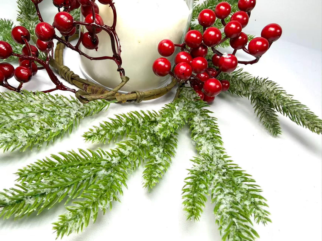 Frosted Cedar and Red Berry Candle Ring, Christmas Table Centerpiece